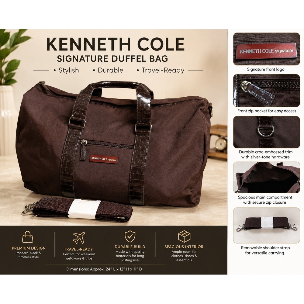 Kenneth Cole Signature Brown Canvas Duffel Bag Croc Embossed Trim Travel Weekend